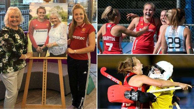 Emily Defroand with her mum Gill (left) and in action for England (right top and bottom)