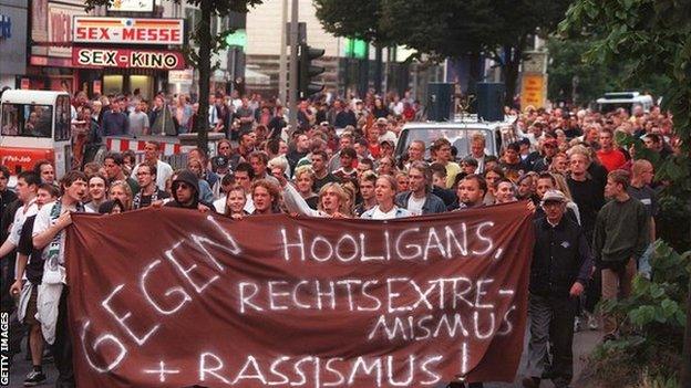 St Pauli fans display before a 1998 friendly match with city rivals Hamburg