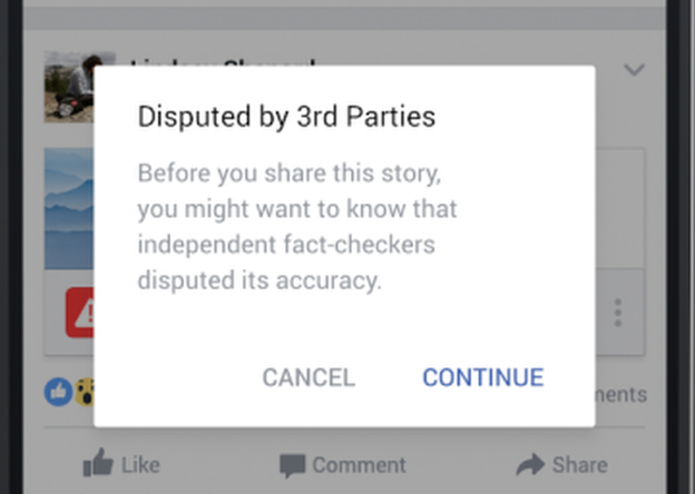 A screenshot of how Facebook's fact-checking system appears to users in the US and Germany