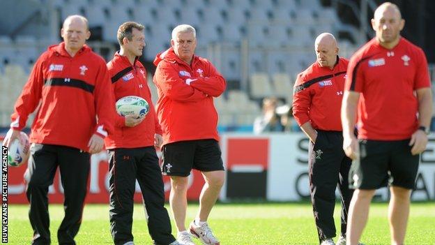 Wales skills coach Neil Jenkins, attack coach Rob Howley, head coach Warren Gatland, defence coach Shaun Edwards and forwards coach Robin McBryde during training