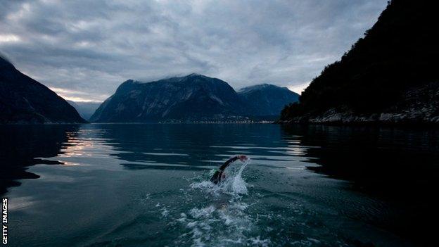 A swimmer in the Norseman Xtreme Triathlon