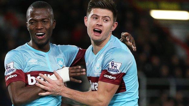 Enner Valencia celebrates with Aaron Cresswell