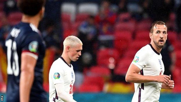 Phil Foden and Harry Kane leave the field at half-time of England's draw with Scotland