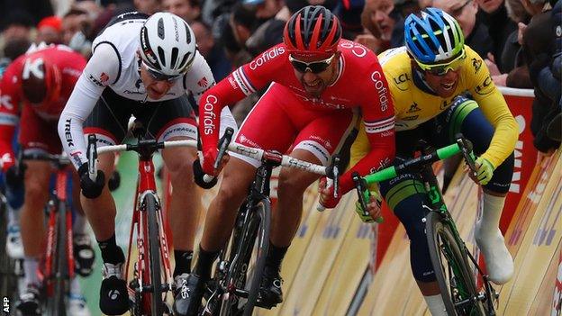 Nacer Bouhanni and Michael Matthews clash at the end of the second stage of Paris-Nice