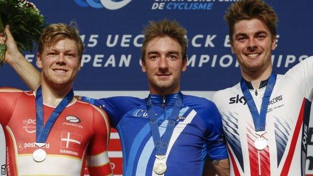 Jon Dibben (right) finished behind Italian winner Elia Viviani (centre) and Lasse Norman Hansen of Denmark