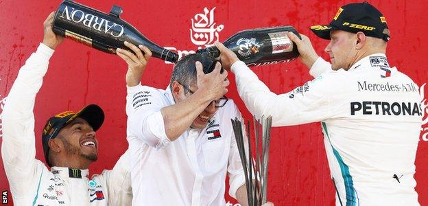 Lewis Hamilton, Pete Bonnington and Valtteri Bottas