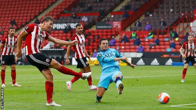 Sheffield United's Sander Berge scores against Tottenham