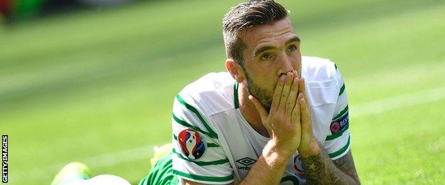 Ireland's Shane Duffy shows his disappointment against France