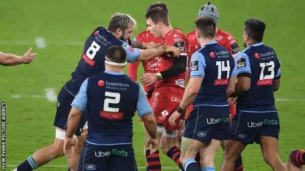 Liam Williams in action for Scarlets against Cardiff last season just before he was shown a red card