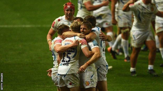 Exeter celebrate beating Bristol