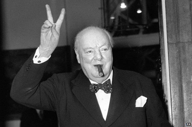 Winston Churchill giving V-for-victory sign