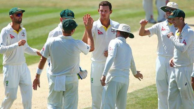 Josh Hazlewood celebrates one of his four wickets on the final day at Chelmsford