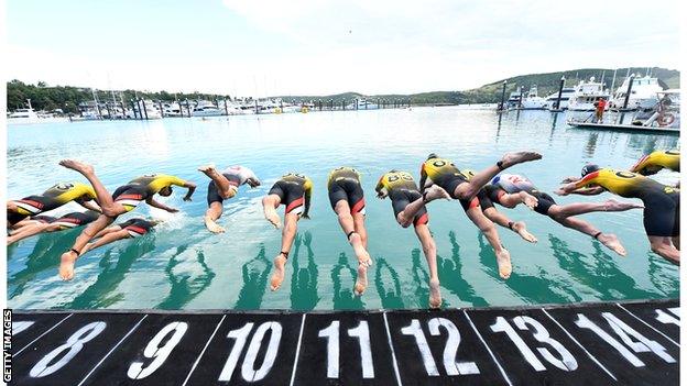 Swim Start during the Superleague Triathlon at Hamilton Island on March 17, 2017