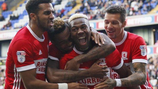 Middlesbrough players including Britt Assomblalonga (centre left) and Adama Traore (centre right) celebrate their second goal