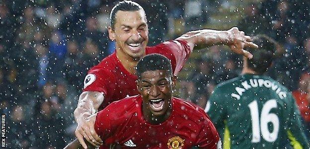 Marcus Rashford celebrates with Zlatan Ibrahimovic after scoring United's late winner against