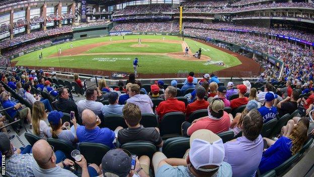 A view of the fans and the stands during the second inning of the game between the Texas Rangers and the Toronto Blue Jays at Globe Life Field