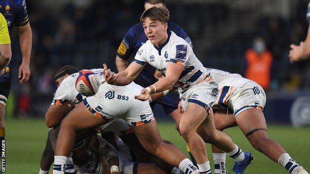 Scrum-half Oscar Lennon playing for Bristol in the Premiership Rugby Cup