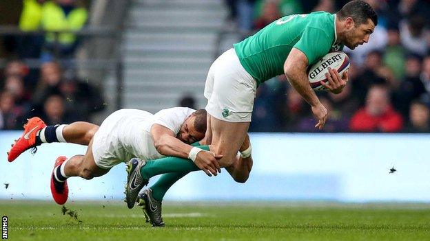 England's Jonathan Joseph tackles Rob Kearney in the Six Nations clash at Twickenham last month