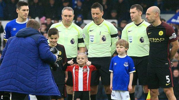 Bradley was all smiles as he posed for the pre-match photo alongside Everton captain Gareth Barry and Manchester City's Pablo Zabaleta