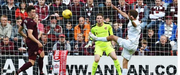 Infonet's Jegveni Harin volleys home the opening goal at Tynecastle