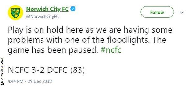 Floodlight failure at Norwich v Derby County