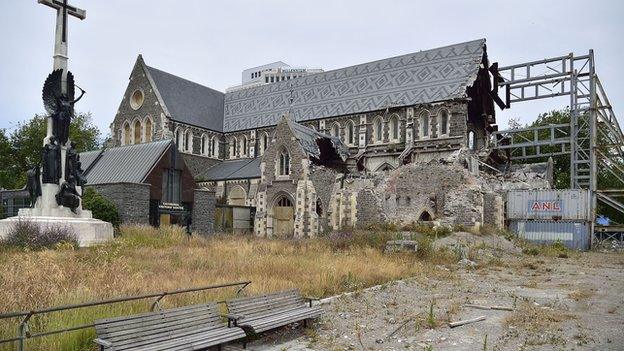 Ruins of Christchurch's old cathedral, severely damaged in the February 2011 quake