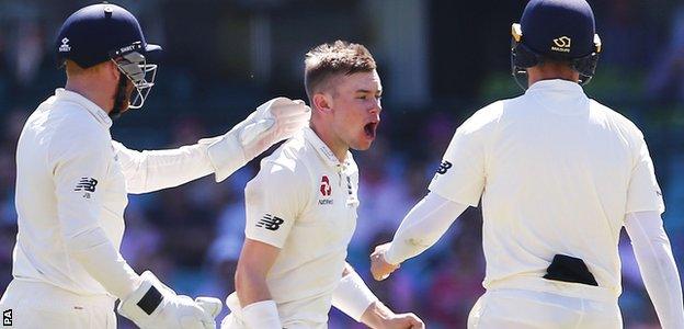 Mason Crane celebrates his first Test wicket