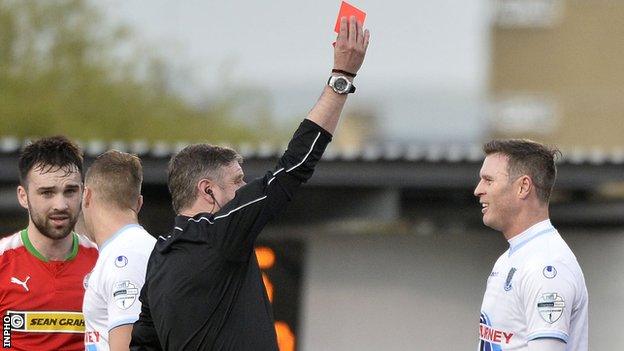 Kevin Braniff is shown a red card against Cliftonville in his final game for Ballymena