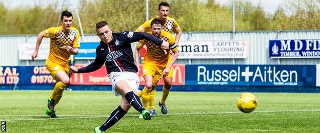 John Baird has a penalty saved for Falkirk against Greenock Morton