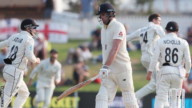 England opener Dom Sibley walks off after being dismissed late on day four of the first Test against New Zealand