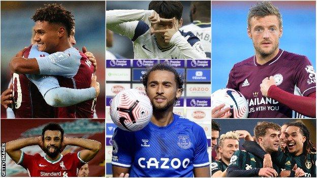 (clockwise from top left) Ollie Watkins, Son Heung-min, Jamie Vardy, Patrick Bamford, Dominic Calvert-Lewin and Mohamed Salah