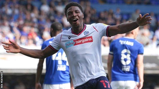 Bolton forward Dapo Afolayan celebrates a goal against Ipswich