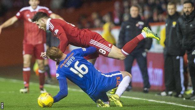 Kilmarnock's Scott Boyd (bottom) and Aberdeen's Wes Burns