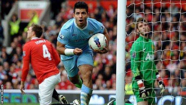 Sergio Aguero scores for Manchester City against Manchester United in 2011