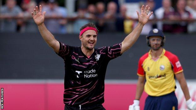 Jack Brooks celebrates taking a wicket for Somerset