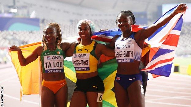 Marie-Josée Ta Lou, Shelly-Ann Fraser-Pryce and Dina Asher-Smith