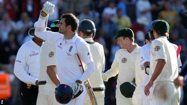 England's James Anderson (left) celebrates holding out for a draw against Australia in the 2009 Ashes Test at Cardiff