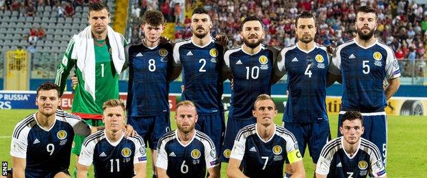 Scotland's (L-R) David Marshall, Oliver Burke, Callum Paterson, Robert Snodgrass, Russell Martin, Grant Hanley. (Front L-R) Chris Martin, Matt Ritchie, Barry Bannan, Darren Fletcher and Andrew Robertson