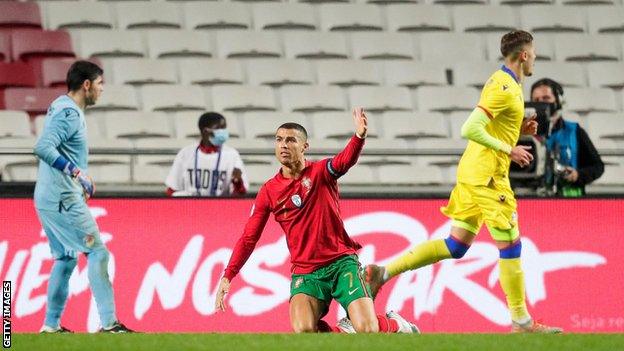 Cristiano Ronaldo gestures during Portugal's game against Andorra