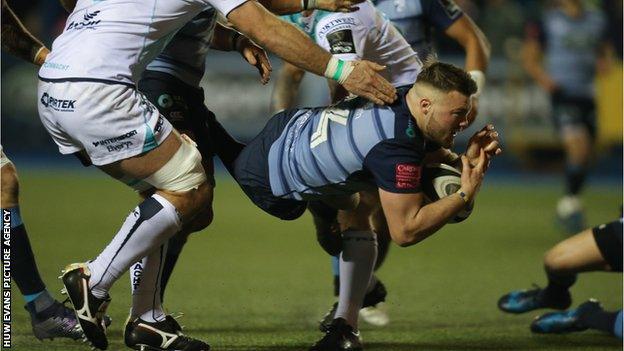 Cardiff Blues winger Owen Lane finds a gap in the Connacht defence to score