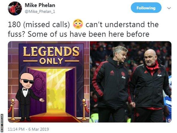 Manchester United assistant manager Mike Phelan reacts on social media