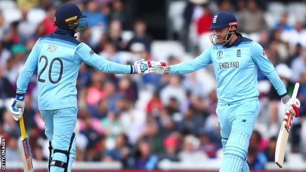 England openers Jason Roy and Jonny Bairstow touch gloves