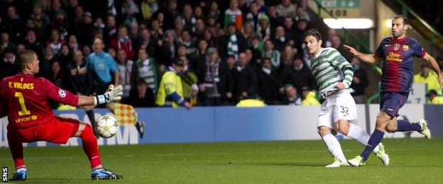 Tony Watt scoring against Barcelona