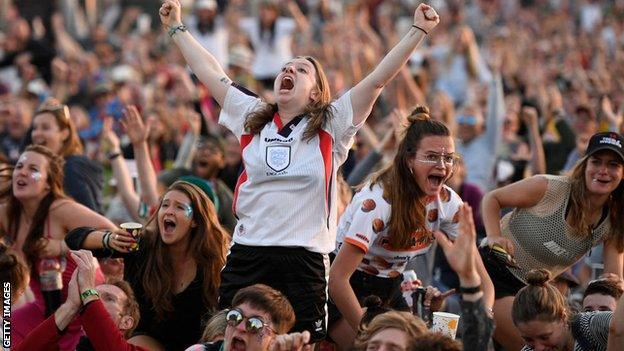 England's game against Cameroon was shown at Glastonbury