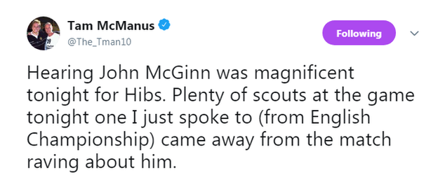 Tam McManus tweets about John McGinn