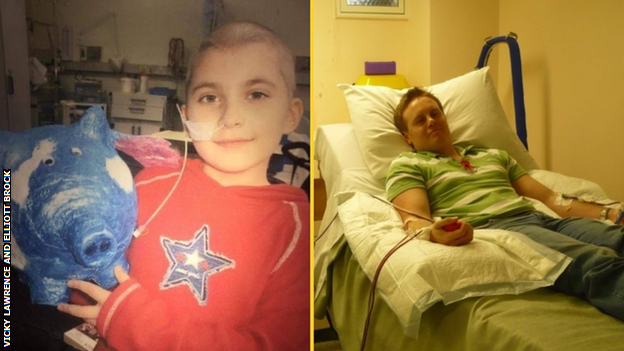 A split picture of an eight-year-old Vicky Lawrence in hospital with no hair and Elliott Brock in hospital preparing to donate bone marrow