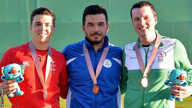 Third-placed Gareth McAuley with runner-up Ben Llewellin and gold winner Georgios Achilleos