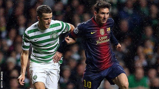 Adam Matthews, Celtic and Lionel Messi of Barcelona