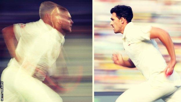 Stuart Broad, left, and Mitchell Starc can bowl in excess of 90mph but Starc maintains such speeds much more consistently