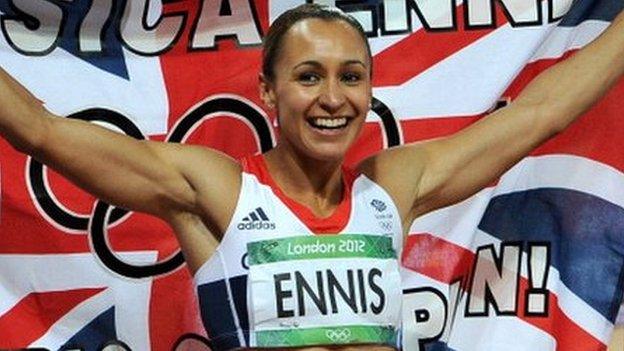 Jessica Ennis-Hill celebrates after winning gold in the heptathlon at London 2012